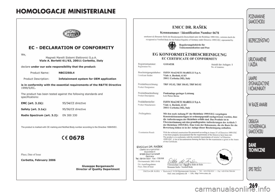 FIAT DUCATO 2011 Instrukcja obsługi (in Polish) 269
POZNAWANIE
SAMOCHODU
BEZPIECZE¡STWO
URUCHAMIENIE
I JAZDA
LAMPKI
SYGNALIZACYJNE
I KOMUNIKATY
W RAZIE AWARII
OBS¸UGA
I KONSERWACJA
SAMOCHODU
DANE
TECHNICZNE
SPIS TREÂCI
HOMOLOGACJE MINISTERIALNE FIAT DUCATO 2011 Instrukcja obsługi (in Polish) 269
POZNAWANIE
SAMOCHODU
BEZPIECZE¡STWO
URUCHAMIENIE
I JAZDA
LAMPKI
SYGNALIZACYJNE
I KOMUNIKATY
W RAZIE AWARII
OBS¸UGA
I KONSERWACJA
SAMOCHODU
DANE
TECHNICZNE
SPIS TREÂCI
HOMOLOGACJE MINISTERIALNE