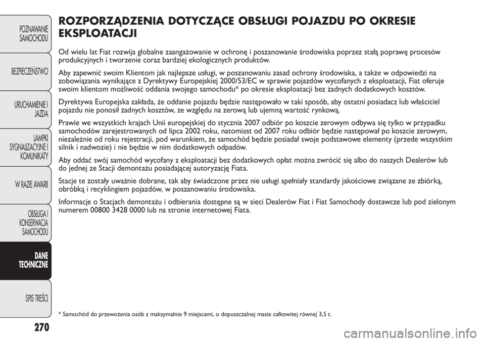 FIAT DUCATO 2013 Instrukcja obsługi (in Polish) 270
POZNAWANIE
SAMOCHODU
BEZPIECZE¡STWO
URUCHAMIENIE I
JAZDA
LAMPKI
SYGNALIZACYJNE I
KOMUNIKATY
W RAZIE AWARII
OBS¸UGA I
KONSERWACJA
SAMOCHODU
DANE
TECHNICZNE
SPIS TREÂCI
ROZPORZĄDZENIA DOTYCZĄCE FIAT DUCATO 2013 Instrukcja obsługi (in Polish) 270
POZNAWANIE
SAMOCHODU
BEZPIECZE¡STWO
URUCHAMIENIE I
JAZDA
LAMPKI
SYGNALIZACYJNE I
KOMUNIKATY
W RAZIE AWARII
OBS¸UGA I
KONSERWACJA
SAMOCHODU
DANE
TECHNICZNE
SPIS TREÂCI
ROZPORZĄDZENIA DOTYCZĄCE