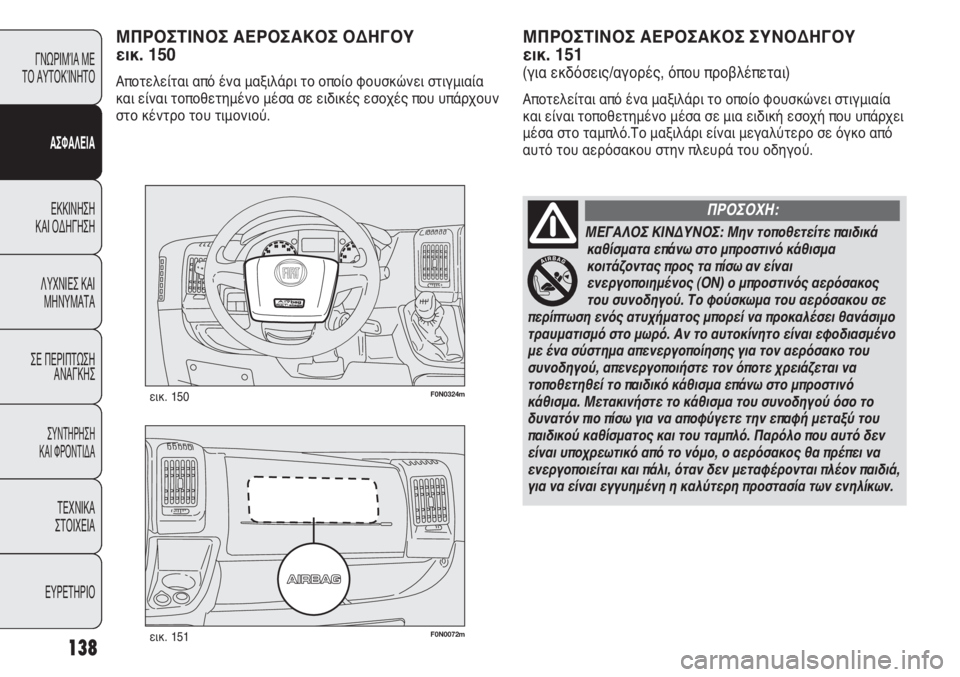 FIAT DUCATO 2012 ΒΙΒΛΙΟ ΧΡΗΣΗΣ ΚΑΙ ΣΥΝΤΗΡΗΣΗΣ (in Greek) 138
F0N0072mεικ. 151
F0N0324mεικ. 150
ΜΠΡΟΣΤΙΝΟΣ ΑΕΡΟΣΑΚΟΣ ΣΥΝΟΔΗΓΟΥ
εικ. 151
(για εκδόσεις/αγορές, όπου προβλέπεται)
Αποτελ FIAT DUCATO 2012 ΒΙΒΛΙΟ ΧΡΗΣΗΣ ΚΑΙ ΣΥΝΤΗΡΗΣΗΣ (in Greek) 138
F0N0072mεικ. 151
F0N0324mεικ. 150
ΜΠΡΟΣΤΙΝΟΣ ΑΕΡΟΣΑΚΟΣ ΣΥΝΟΔΗΓΟΥ
εικ. 151
(για εκδόσεις/αγορές, όπου προβλέπεται)
Αποτελ