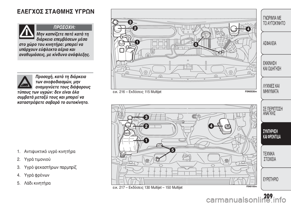 FIAT DUCATO 2012  ΒΙΒΛΙΟ ΧΡΗΣΗΣ ΚΑΙ ΣΥΝΤΗΡΗΣΗΣ (in Greek) 209
ΕΛΕΓΧΟΣ ΣΤΑΘΜΗΣ ΥΓΡΩΝCONOSCENZA
DEL
VEICOLO
SICUREZZA
AVVIAMENTO
E GUIDA
SPIE E
MESSAGGI
IN EMERGENZA
MANUTENZIONE
E CURA
DATI TECNICI
INDICE
ΓΝΩΡΙΜΊΑ ΜΕ 
ΤΟ ΑΥΤ