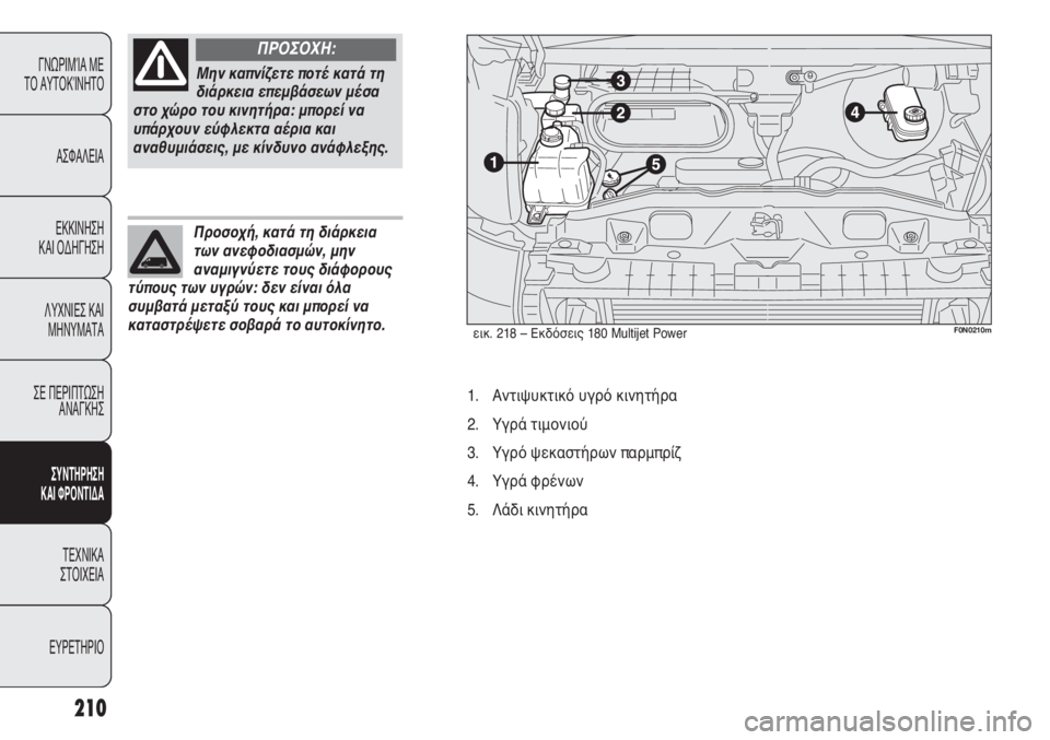 FIAT DUCATO 2012  ΒΙΒΛΙΟ ΧΡΗΣΗΣ ΚΑΙ ΣΥΝΤΗΡΗΣΗΣ (in Greek) 210
ΓΝΩΡΙΜΊΑ ΜΕ 
ΤΟ ΑΥΤΟΚΊΝΗΤΟ
ΑΣΦΑΛΕΙΑ
ΕΚΚΙΝΗΣΗ 
ΚΑΙ ΟΔΗΓΗΣΗ
ΛΥΧΝΙΕΣ ΚΑΙ
ΜΗΝΥΜΑΤΑ
ΣΕ ΠΕΡΙΠΤΩΣΗ
ΑΝΑΓΚΗΣ
ΣΥΝΤΗΡ