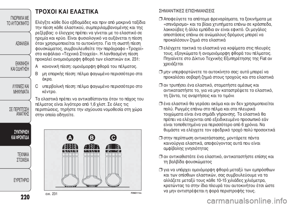 FIAT DUCATO 2012  ΒΙΒΛΙΟ ΧΡΗΣΗΣ ΚΑΙ ΣΥΝΤΗΡΗΣΗΣ (in Greek) 220
F0N0111mεικ. 231
ΣΗΜΑΝΤΙΚΕΣ ΕΠΙΣΗΜΑΝΣΕΙΣ
❒Αποφεύγετε τα απότομα φρεναρίσματα, τα ξεκινήματα με
«σπινάρισμα» κα