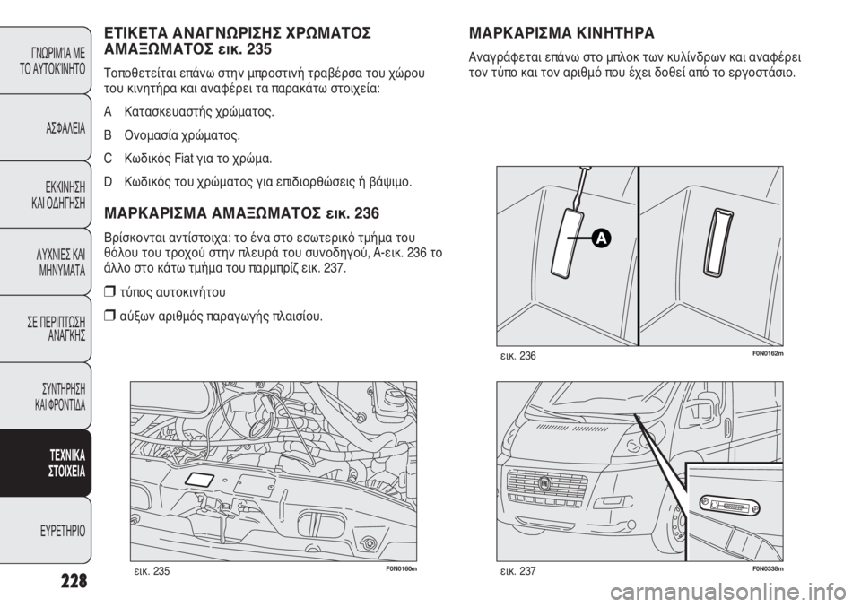 FIAT DUCATO 2012  ΒΙΒΛΙΟ ΧΡΗΣΗΣ ΚΑΙ ΣΥΝΤΗΡΗΣΗΣ (in Greek) 228
F0N0160mεικ. 235F0N0338mεικ. 237
F0N0162mεικ. 236
ΜΑΡΚΑΡΙΣΜΑ ΚΙΝΗΤΗΡΑ
Αναγράφεται επάνω στο μπλοκ των κυλίνδρων και αναφέρε