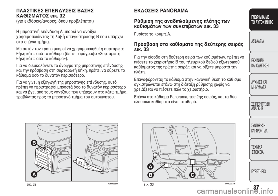 FIAT DUCATO 2008  ΒΙΒΛΙΟ ΧΡΗΣΗΣ ΚΑΙ ΣΥΝΤΗΡΗΣΗΣ (in Greek) 37
SICUREZZA
AVVIAMENTO
E GUIDA
SPIE E
MESSAGGI
IN EMERGENZA
MANUTENZIONE
E CURA
DATI TECNICI
INDICE
F0N0238mεικ. 32
ΠΛΑΣΤΙΚΕΣ ΕΠΕΝΔΥΣΕΙΣ ΒΑΣΗΣ
ΚΑΘΙΣΜΑΤΟΣ εικ. 