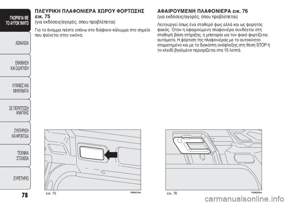 FIAT DUCATO 2012 ΒΙΒΛΙΟ ΧΡΗΣΗΣ ΚΑΙ ΣΥΝΤΗΡΗΣΗΣ (in Greek) 78
SICUREZZA
AVVIAMENTO
E GUIDA
SPIE E
MESSAGGI
IN EMERGENZA
MANUTENZIONE
E CURA
DATI TECNICI
INDICE
F0N0220mεικ. 76F0N0219mεικ. 75
ΑΦΑΙΡΟΥΜΕΝΗ ΠΛΑΦΟΝΙΕΡΑ εικ. 76
(για FIAT DUCATO 2012 ΒΙΒΛΙΟ ΧΡΗΣΗΣ ΚΑΙ ΣΥΝΤΗΡΗΣΗΣ (in Greek) 78
SICUREZZA
AVVIAMENTO
E GUIDA
SPIE E
MESSAGGI
IN EMERGENZA
MANUTENZIONE
E CURA
DATI TECNICI
INDICE
F0N0220mεικ. 76F0N0219mεικ. 75
ΑΦΑΙΡΟΥΜΕΝΗ ΠΛΑΦΟΝΙΕΡΑ εικ. 76
(για