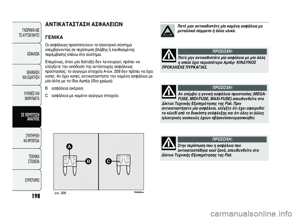 FIAT DUCATO 2010  ΒΙΒΛΙΟ ΧΡΗΣΗΣ ΚΑΙ ΣΥΝΤΗΡΗΣΗΣ (in Greek) F0N0094mεικ. 209
ΑΝΤΙΚΑΤΑΣΤΑΣΗ ΑΣΦΑΛΕΙΩΝ
ΓΕΝΙΚΑ
Οι ασφάλειες προστατεύουν το ηλεκτρικό σύστημα
επεμβαίνοντας σε �