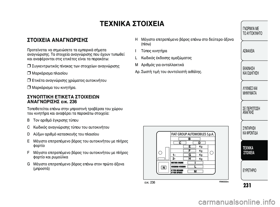 FIAT DUCATO 2009  ΒΙΒΛΙΟ ΧΡΗΣΗΣ ΚΑΙ ΣΥΝΤΗΡΗΣΗΣ (in Greek) 231
F0N0333mεικ. 236
H Μέγιστο επιτρεπόμενο βάρος επάνω στο δεύτερο άξονα
(πίσω)
I Τύπος κινητήρα
L Κωδικός έκδοσης αμα