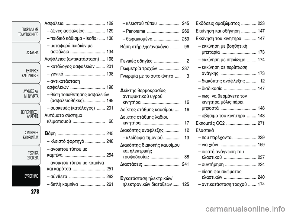 FIAT DUCATO 2010  ΒΙΒΛΙΟ ΧΡΗΣΗΣ ΚΑΙ ΣΥΝΤΗΡΗΣΗΣ (in Greek) 278
ΓΝΩΡΙΜΊΑ ΜΕ 
ΤΟ ΑΥΤΟΚΊΝΗΤΟ
ΑΣΦΑΛΕΙΑ
ΕΚΚΙΝΗΣΗ 
ΚΑΙ ΟΔΗΓΗΣΗ
ΛΥΧΝΙΕΣ ΚΑΙ
ΜΗΝΥΜΑΤΑ
ΣΕ ΠΕΡΙΠΤΩΣΗ
ΑΝΑΓΚΗΣ
ΣΥΝΤΗΡ