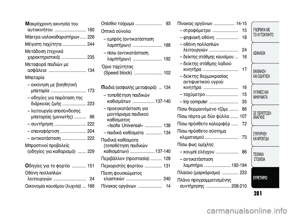 FIAT DUCATO 2010  ΒΙΒΛΙΟ ΧΡΗΣΗΣ ΚΑΙ ΣΥΝΤΗΡΗΣΗΣ (in Greek) 281
ΓΝΩΡΙΜΊΑ ΜΕ 
ΤΟ ΑΥΤΟΚΊΝΗΤΟ
ΑΣΦΑΛΕΙΑ
ΕΚΚΙΝΗΣΗ 
ΚΑΙ ΟΔΗΓΗΣΗ
ΛΥΧΝΙΕΣ ΚΑΙ
ΜΗΝΥΜΑΤΑ
ΣΕ ΠΕΡΙΠΤΩΣΗ
ΑΝΑΓΚΗΣ
ΣΥΝΤΗΡ