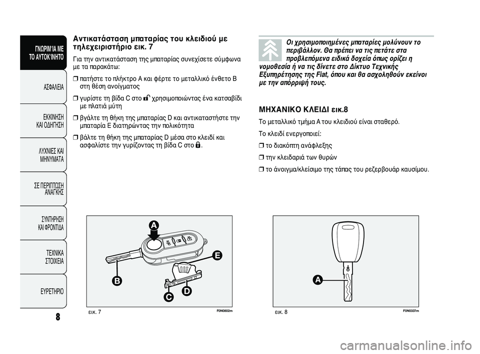 FIAT DUCATO 2010  ΒΙΒΛΙΟ ΧΡΗΣΗΣ ΚΑΙ ΣΥΝΤΗΡΗΣΗΣ (in Greek) F0N0802mεικ. 7F0N0337mεικ. 8
ΜΗΧΑΝΙΚΟ ΚΛΕΙΔΙ εικ.8
Το μεταλλικό τμήμα A του κλειδιού είναι σταθερό.
Το κλειδί ενεργοποιε