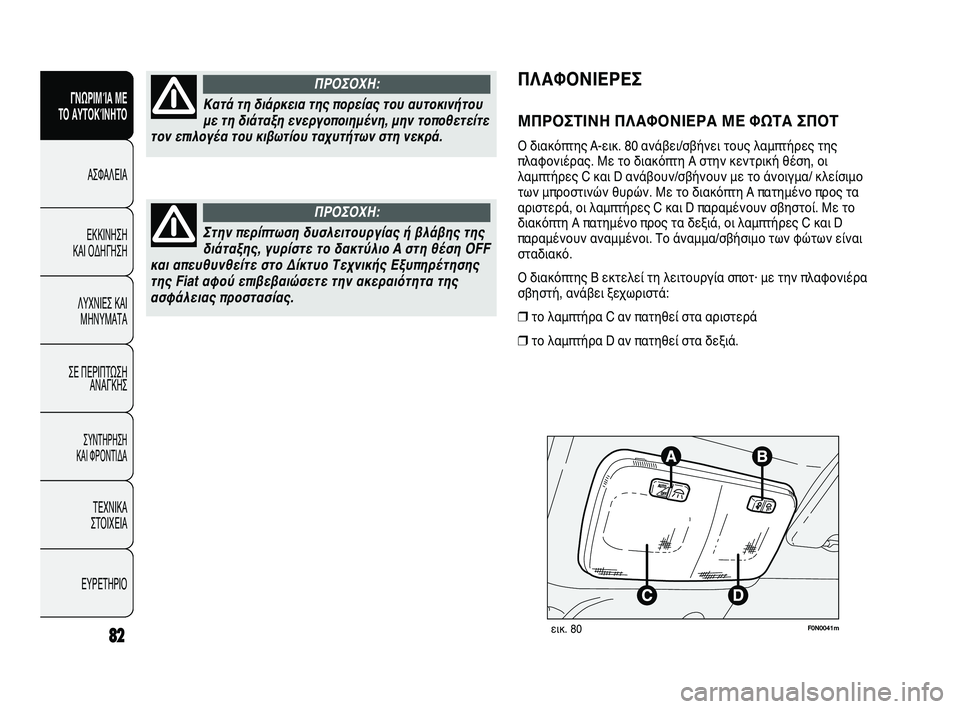 FIAT DUCATO 2009 ΒΙΒΛΙΟ ΧΡΗΣΗΣ ΚΑΙ ΣΥΝΤΗΡΗΣΗΣ (in Greek) F0N0041mεικ. 80
ΠΛΑΦΟΝΙΕΡΕΣ
ΜΠΡΟΣΤΙΝΗ ΠΛΑΦΟΝΙΕΡΑ ΜΕ ΦΩΤΑ ΣΠΟΤ
Ο διακόπτης A-εικ. 80 ανάβει/σβήνει τους λαμπτήρες της FIAT DUCATO 2009 ΒΙΒΛΙΟ ΧΡΗΣΗΣ ΚΑΙ ΣΥΝΤΗΡΗΣΗΣ (in Greek) F0N0041mεικ. 80
ΠΛΑΦΟΝΙΕΡΕΣ
ΜΠΡΟΣΤΙΝΗ ΠΛΑΦΟΝΙΕΡΑ ΜΕ ΦΩΤΑ ΣΠΟΤ
Ο διακόπτης A-εικ. 80 ανάβει/σβήνει τους λαμπτήρες της