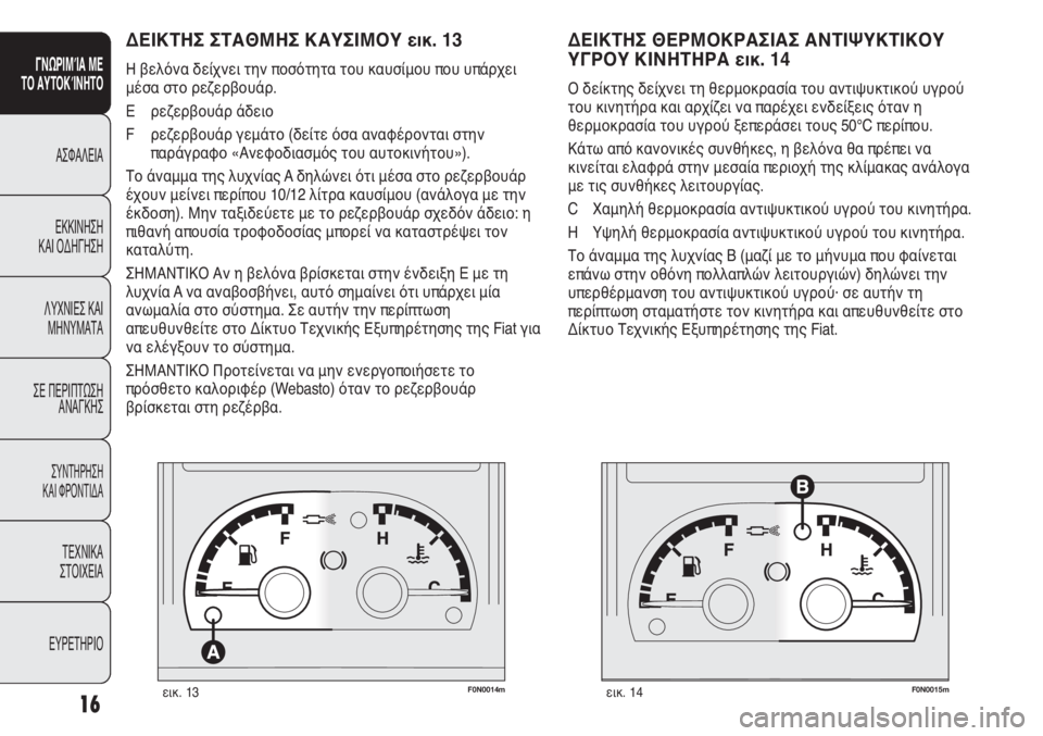 FIAT DUCATO 2011  ΒΙΒΛΙΟ ΧΡΗΣΗΣ ΚΑΙ ΣΥΝΤΗΡΗΣΗΣ (in Greek) F0N0014mεικ. 13F0N0015mεικ. 14
ΔΕΙΚΤΗΣ ΘΕΡΜΟΚΡΑΣΙΑΣ ΑΝΤΙΨΥΚΤΙΚΟΥ 
ΥΓΡΟΥ ΚΙΝΗΤΗΡΑ εικ. 14
Ο δείκτης δείχνει τη θερμοκρασί