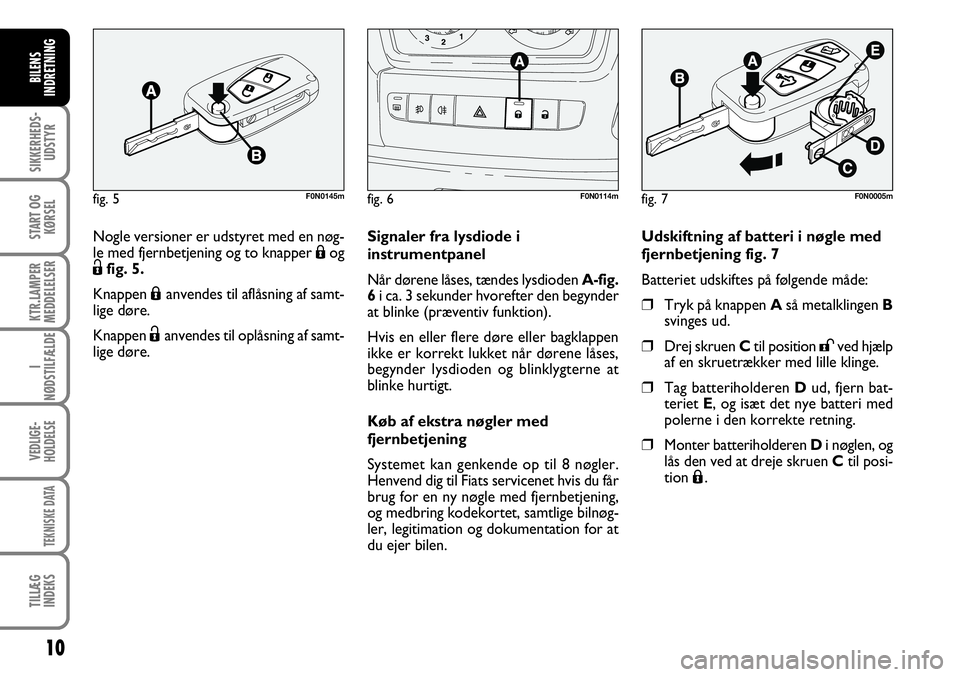 FIAT DUCATO 2007  Brugs- og vedligeholdelsesvejledning (in Danish) 10
SIKKERHEDS-
UDSTYR
START OG
KØRSEL
KTR.LAMPER
MEDDELELSER
I
NØDSTILFÆLDE
VEDLIGE-
HOLDELSE
TEKNISKE DATA
TILLÆG
INDEKS
BILENS
INDRETNING
F0N0005m
Signaler fra lysdiode i
instrumentpanel
Når d�