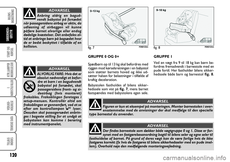 FIAT DUCATO 2008  Brugs- og vedligeholdelsesvejledning (in Danish) 120
START OG
KØRSEL
KTR.LAMPER
MEDDELELSER
I
NØDSTILFÆLDE
VEDLIGE-
HOLDELSE
TEKNISKE DATA
TILLÆG
INDEKS
BILENS
INDRETNING
SIKKERHEDS-
UDSTYR
GRUPPE 0 OG 0+
Spædbørn op til 13 kg skal befordres m