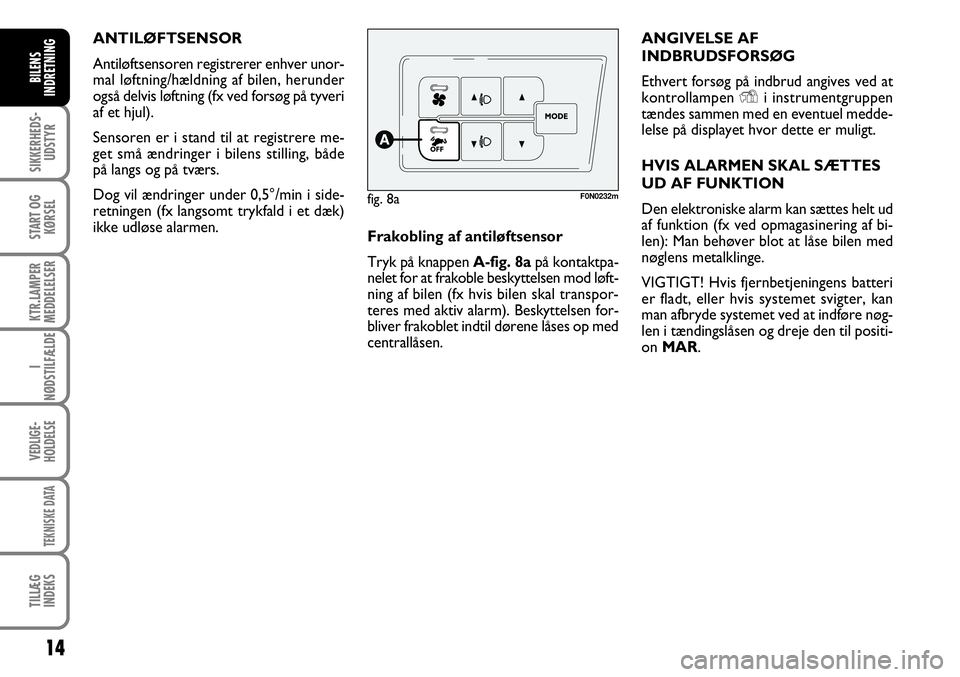 FIAT DUCATO 2008  Brugs- og vedligeholdelsesvejledning (in Danish) 14
SIKKERHEDS-
UDSTYR
START OG
KØRSEL
KTR.LAMPER
MEDDELELSER
I
NØDSTILFÆLDE
VEDLIGE-
HOLDELSE
TEKNISKE DATA
TILLÆG
INDEKS
BILENS
INDRETNING
F0N0232m
ANGIVELSE AF
INDBRUDSFORSØG
Ethvert forsøg p�