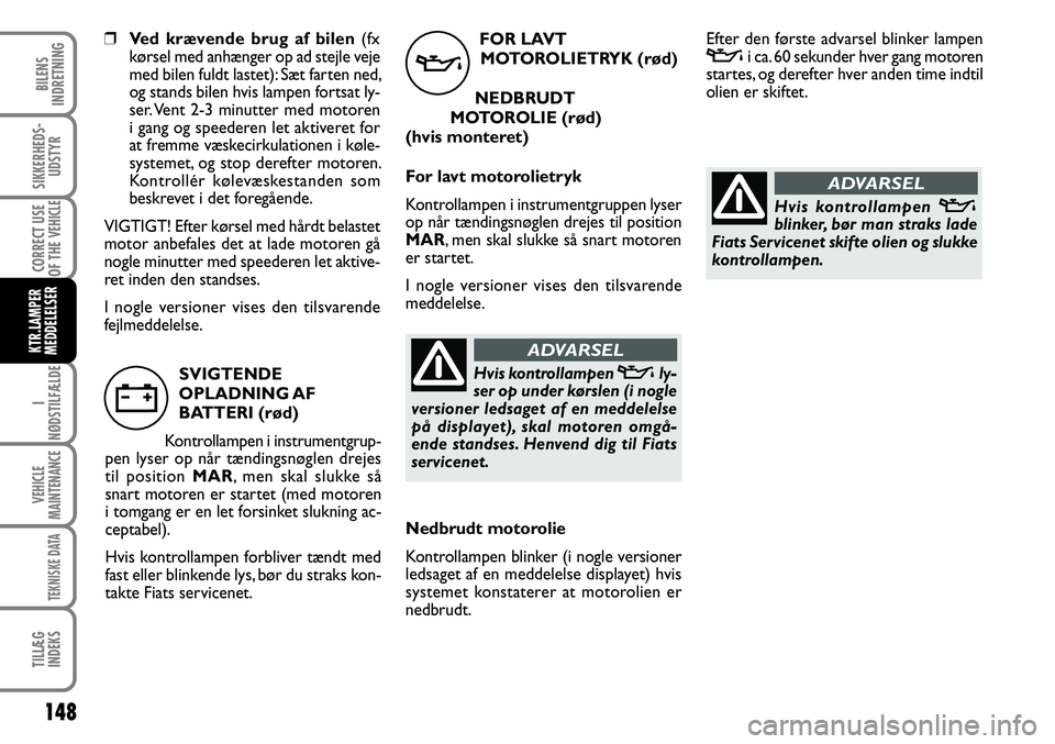 FIAT DUCATO 2008  Brugs- og vedligeholdelsesvejledning (in Danish) 148
I
NØDSTILFÆLDE
VEHICLE
MAINTENANCE
TEKNISKE DATA
TILLÆG
INDEKS
BILENS
INDRETNING
SIKKERHEDS-
UDSTYR
CORRECT USE
OF THE 
VEHICLE
KTR.LAMPER
MEDDELELSER
FOR LAVT 
MOTOROLIETRYK (rød)
NEDBRUDT 
M