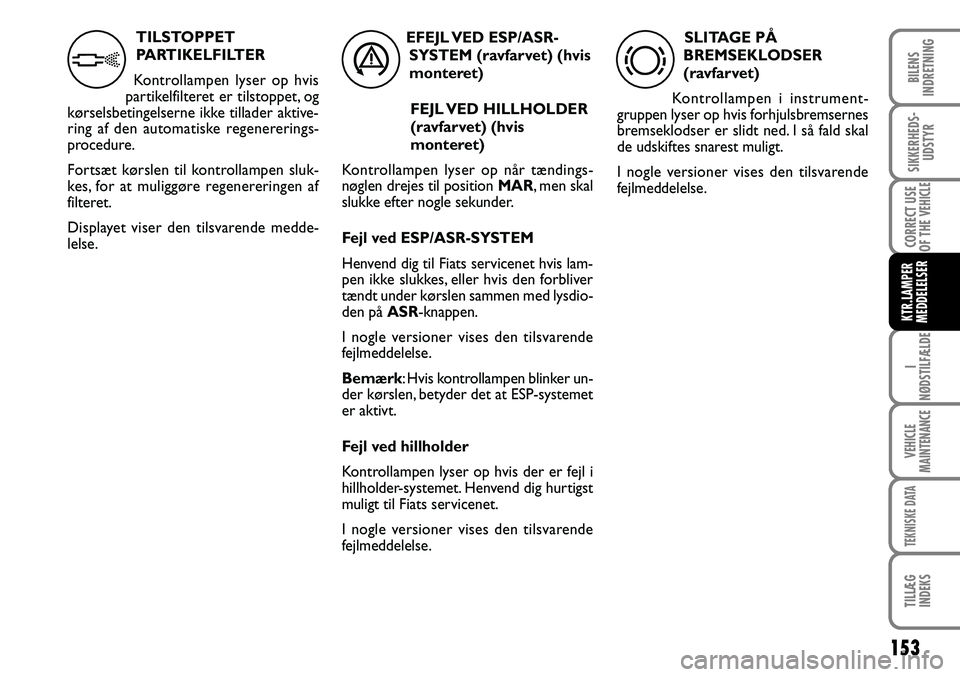 FIAT DUCATO 2007  Brugs- og vedligeholdelsesvejledning (in Danish) 153
I
NØDSTILFÆLDE
VEHICLE
MAINTENANCE
TEKNISKE DATA
TILLÆG
INDEKS 
BILENS
INDRETNING
SIKKERHEDS-
UDSTYR
CORRECT USE
OF THE 
VEHICLE
KTR.LAMPER
MEDDELELSER
TILSTOPPET 
PARTIKELFILTER
Kontrollampen 