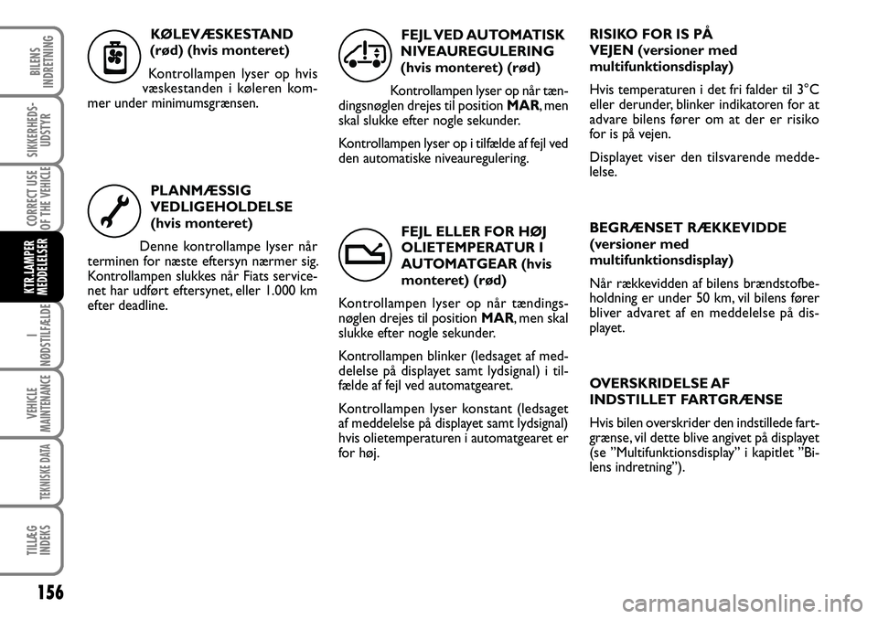 FIAT DUCATO 2008  Brugs- og vedligeholdelsesvejledning (in Danish) 156
I
NØDSTILFÆLDE
VEHICLE
MAINTENANCE
TEKNISKE DATA
TILLÆG
INDEKS
BILENS
INDRETNING
SIKKERHEDS-
UDSTYR
CORRECT USE
OF THE 
VEHICLE
KTR.LAMPER
MEDDELELSER
FEJL ELLER FOR HØJ 
OLIETEMPERATUR I 
AUT