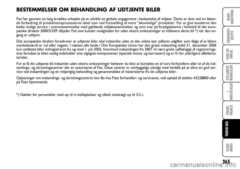 FIAT DUCATO 2008 Brugs- og vedligeholdelsesvejledning (in Danish) 265
KTR.LAMPER
MEDDELELSER
TILLÆG
INDEKS
BILENS
INDRETNING
SIKKERHEDS-
UDSTYR
START OG
KØRSEL
I
NØDSTILFÆLDE
VEDLIGE-
HOLDELSE
TEKNISKE DATA
BESTEMMELSER OM BEHANDLING AF UDTJENTE BILER
Fiat har FIAT DUCATO 2008 Brugs- og vedligeholdelsesvejledning (in Danish) 265
KTR.LAMPER
MEDDELELSER
TILLÆG
INDEKS
BILENS
INDRETNING
SIKKERHEDS-
UDSTYR
START OG
KØRSEL
I
NØDSTILFÆLDE
VEDLIGE-
HOLDELSE
TEKNISKE DATA
BESTEMMELSER OM BEHANDLING AF UDTJENTE BILER
Fiat har