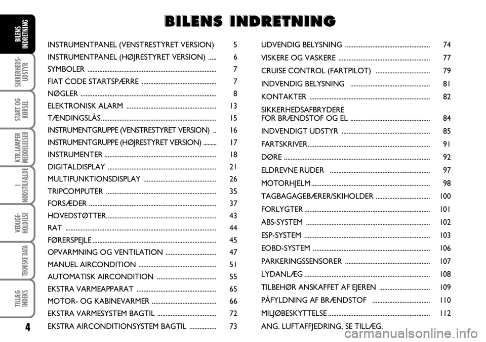 FIAT DUCATO 2008  Brugs- og vedligeholdelsesvejledning (in Danish) 4
SIKKERHEDS-
UDSTYR
START OG
KØRSEL
KTR.LAMPER
MEDDELELSER
I
NØDSTILFÆLDE
VEDLIGE-
HOLDELSE
TEKNISKE DATA
TILLÆG
INDEKS
BILENS
INDRETNINGINSTRUMENTPANEL (VENSTRESTYRET VERSION)  5
INSTRUMENTPANEL