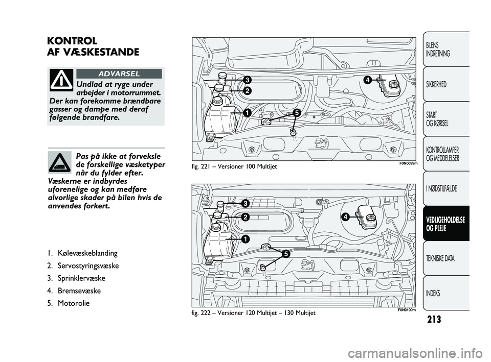 FIAT DUCATO 2009 Brugs- og vedligeholdelsesvejledning (in Danish) KONTROL
AF VÆSKESTANDE
213
BILENS
INDRETNING
SIKKERHED
START
OG KØRSEL
KONTROLLAMPER
OG MEDDELELSER
I NØDSTILFÆLDE
VEDLIGEHOLDELSE
OG PLEJE
TEKNISKE DATA
INDEKS
fig. 221 – Versioner 100 Multije FIAT DUCATO 2009 Brugs- og vedligeholdelsesvejledning (in Danish) KONTROL
AF VÆSKESTANDE
213
BILENS
INDRETNING
SIKKERHED
START
OG KØRSEL
KONTROLLAMPER
OG MEDDELELSER
I NØDSTILFÆLDE
VEDLIGEHOLDELSE
OG PLEJE
TEKNISKE DATA
INDEKS
fig. 221 – Versioner 100 Multije