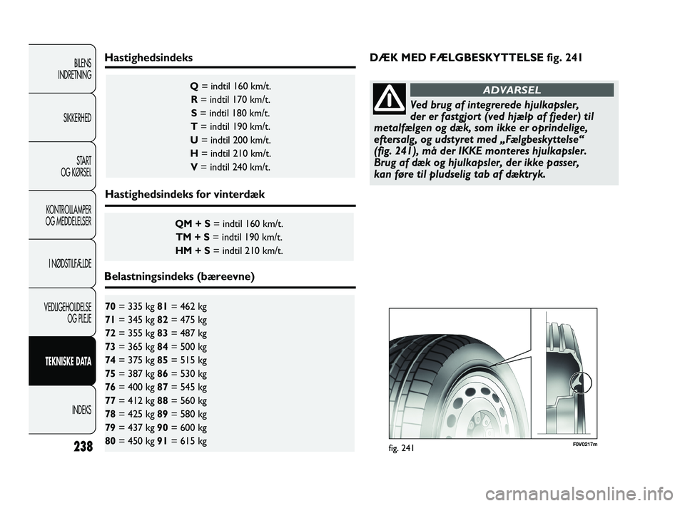 FIAT DUCATO 2009  Brugs- og vedligeholdelsesvejledning (in Danish) 238
BILENS
INDRETNING
SIKKERHED
START
OG KØRSEL
KONTROLLAMPER
OG MEDDELELSER
I NØDSTILFÆLDE
VEDLIGEHOLDELSE
OG PLEJE
TEKNISKE DATA
INDEKS
70= 335 kg 81= 462 kg 
71= 345 kg 82= 475 kg 
72= 355 kg 83