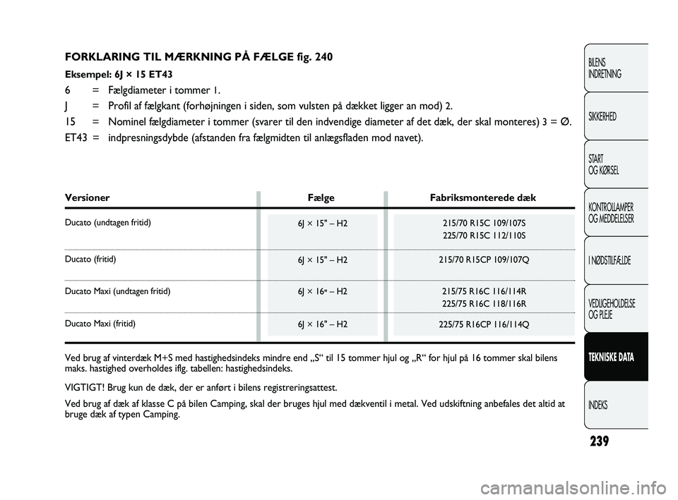 FIAT DUCATO 2009  Brugs- og vedligeholdelsesvejledning (in Danish) 239
BILENS
INDRETNING
SIKKERHED
START
OG KØRSEL
KONTROLLAMPER
OG MEDDELELSER
I NØDSTILFÆLDE
VEDLIGEHOLDELSE
OG PLEJE
TEKNISKE DATA
INDEKS
FORKLARING TIL MÆRKNING PÅ FÆLGE fig. 240
Eksempel: 6J 