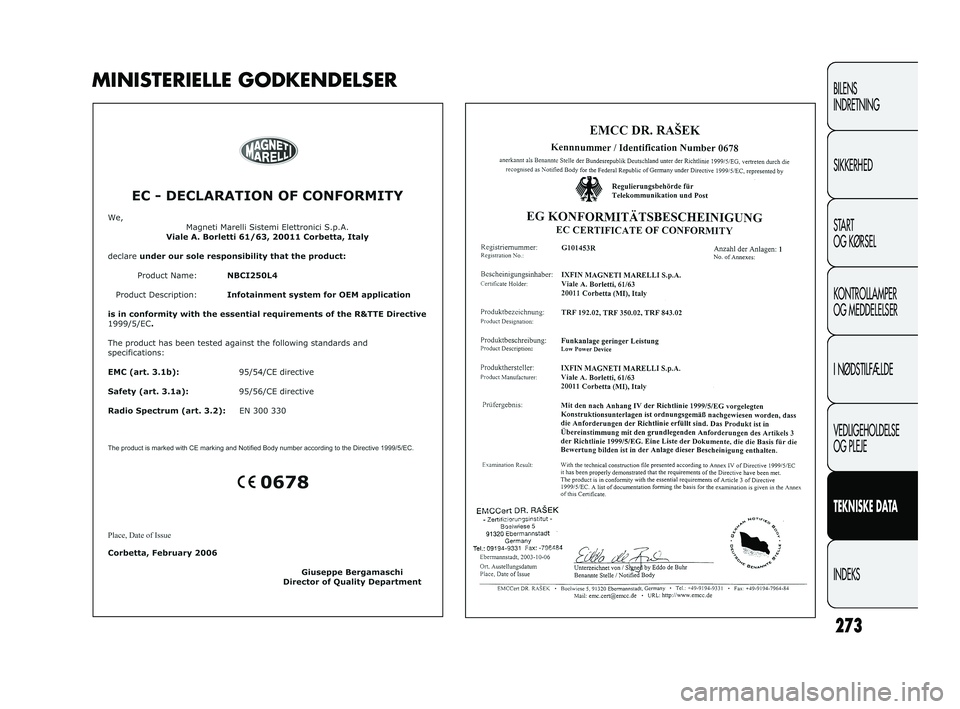 FIAT DUCATO 2009 Brugs- og vedligeholdelsesvejledning (in Danish) 273
BILENS
INDRETNING
SIKKERHED
START
OG KØRSEL
KONTROLLAMPER
OG MEDDELELSER
I NØDSTILFÆLDE
VEDLIGEHOLDELSE
OG PLEJE
TEKNISKE DATA
INDEKS
MINISTERIELLE GODKENDELSER
231-276 DUCATO LUM DK 9ed 15-04 FIAT DUCATO 2009 Brugs- og vedligeholdelsesvejledning (in Danish) 273
BILENS
INDRETNING
SIKKERHED
START
OG KØRSEL
KONTROLLAMPER
OG MEDDELELSER
I NØDSTILFÆLDE
VEDLIGEHOLDELSE
OG PLEJE
TEKNISKE DATA
INDEKS
MINISTERIELLE GODKENDELSER
231-276 DUCATO LUM DK 9ed 15-04