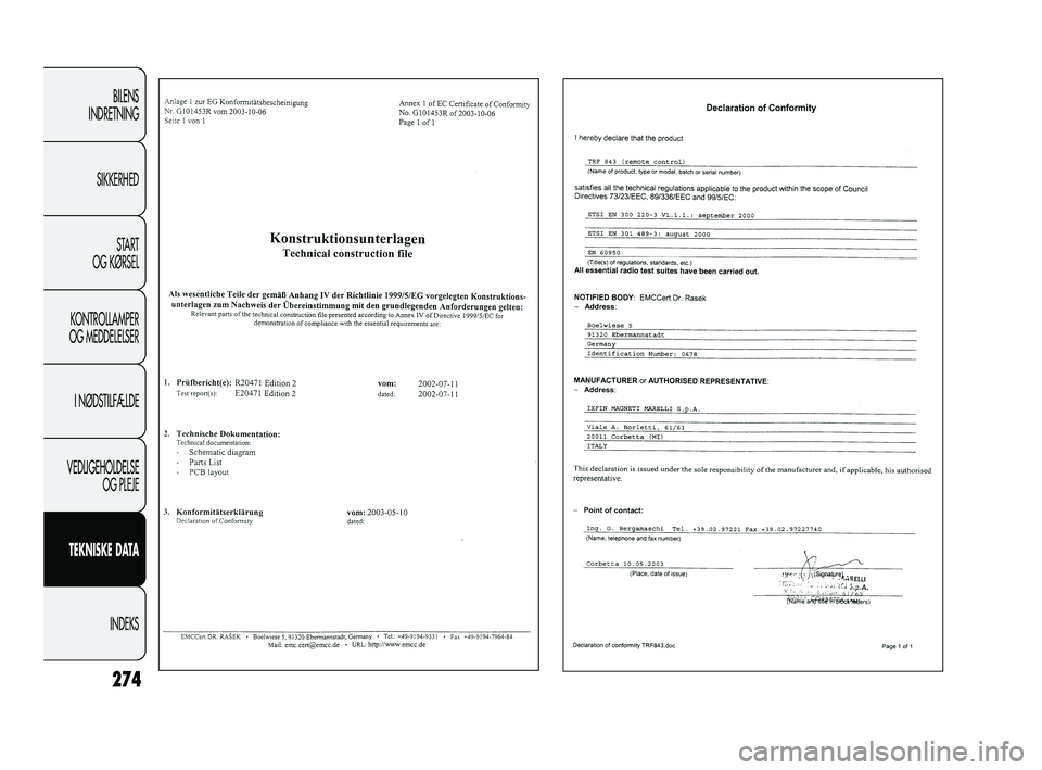 FIAT DUCATO 2009 Brugs- og vedligeholdelsesvejledning (in Danish) 274
BILENS
INDRETNING
SIKKERHED
START
OG KØRSEL
KONTROLLAMPER
OG MEDDELELSER
I NØDSTILFÆLDE
VEDLIGEHOLDELSE
OG PLEJE
TEKNISKE DATA
INDEKS
Pagine_ITA.indd 118-05-2005 11:53:40
231-276 DUCATO LUM DK FIAT DUCATO 2009 Brugs- og vedligeholdelsesvejledning (in Danish) 274
BILENS
INDRETNING
SIKKERHED
START
OG KØRSEL
KONTROLLAMPER
OG MEDDELELSER
I NØDSTILFÆLDE
VEDLIGEHOLDELSE
OG PLEJE
TEKNISKE DATA
INDEKS
Pagine_ITA.indd 118-05-2005 11:53:40
231-276 DUCATO LUM DK