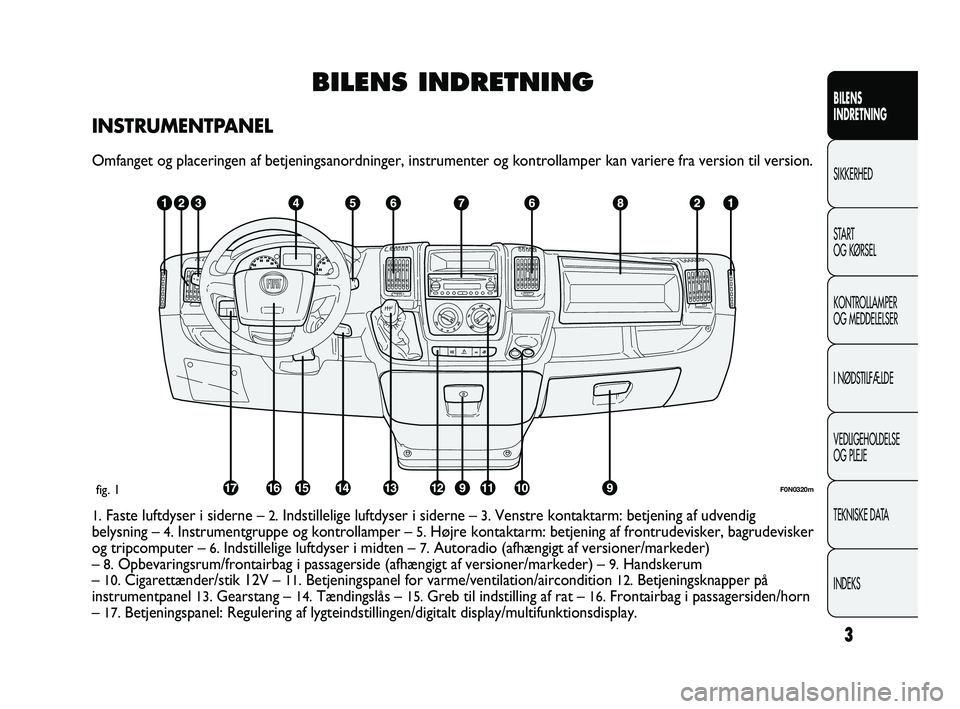 FIAT DUCATO 2009  Brugs- og vedligeholdelsesvejledning (in Danish) 3
BILENS
INDRETNING
SIKKERHED
START
OG KØRSEL
KONTROLLAMPER
OG MEDDELELSER
I NØDSTILFÆLDE
VEDLIGEHOLDELSE
OG PLEJE
TEKNISKE DATA
INDEKS
BILENS INDRETNING
INSTRUMENTPANEL
Omfanget og placeringen af 