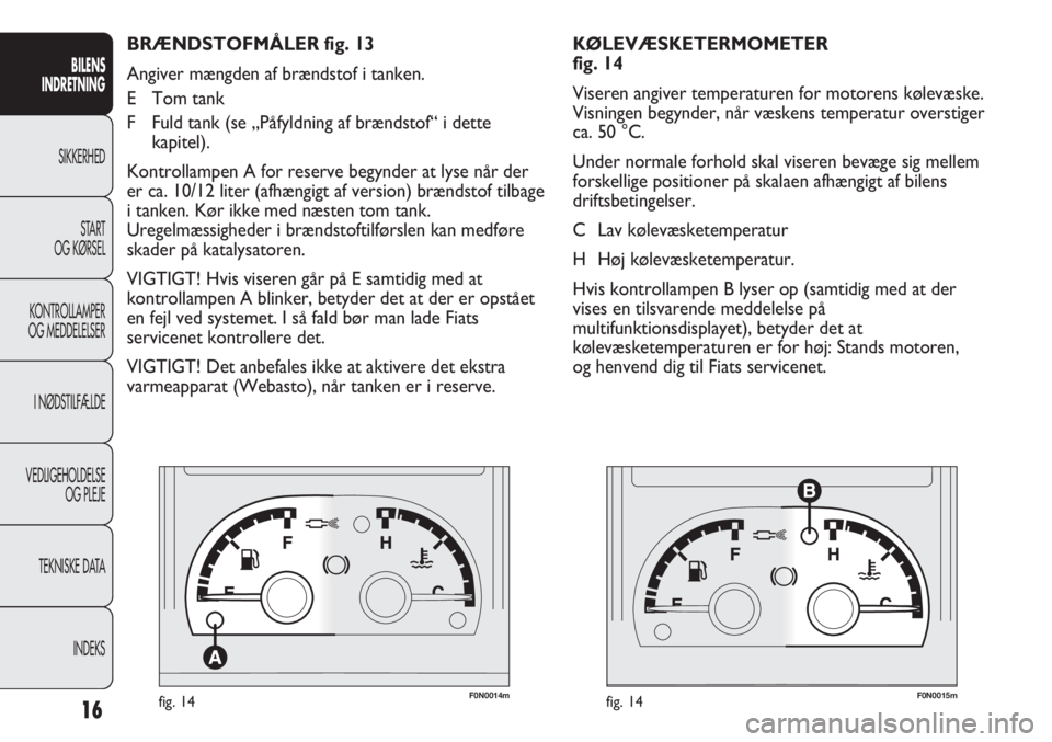 FIAT DUCATO 2011  Brugs- og vedligeholdelsesvejledning (in Danish) F0N0014mfig. 14F0N0015mfig. 14
KØLEVÆSKETERMOMETER 
fig. 14
Viseren angiver temperaturen for motorens kølevæske.
Visningen begynder, når væskens temperatur overstiger
ca. 50 °C.
Under normale f