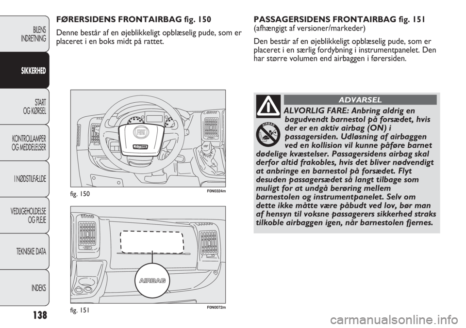FIAT DUCATO 2013  Brugs- og vedligeholdelsesvejledning (in Danish) F0N0072mfig. 151
F0N0324mfig. 150
PASSAGERSIDENS FRONTAIRBAG fig. 151
(afhængigt af versioner/markeder) 
Den består af en øjeblikkeligt opblæselig pude, som er
placeret i en særlig fordybning i i