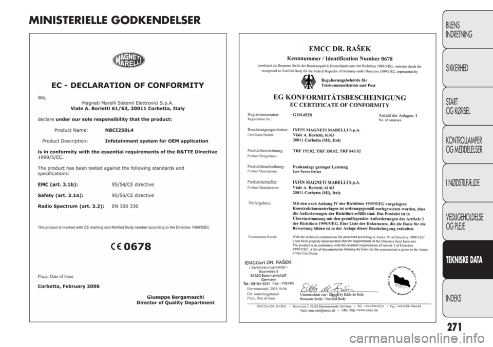FIAT DUCATO 2013  Brugs- og vedligeholdelsesvejledning (in Danish) 271
BILENS
INDRETNING
SIKKERHED
START
OG KØRSEL
KONTROLLAMPER
OG MEDDELELSER
I NØDSTILFÆLDE
VEDLIGEHOLDELSE
OG PLEJE
TEKNISKE DATA
INDEKS
MINISTERIELLE GODKENDELSER 