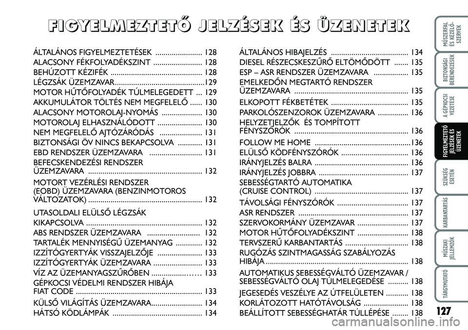 FIAT DUCATO 2006  Kezelési és karbantartási útmutató (in Hungarian) 127
MÛSZERFAL 
ÉS KEZELÕ-
SZERVEK
SZÜKSÉG
ESETÉN
KARBANTARTÁS
MÛSZAKI
JELLEMZÕK
TÁRGYMUTATÓ
BIZTONSÁGI
BERENDEZÉSEK
ÁLTALÁNOS HIBAJELZÉS  ...................................... 134
DIE