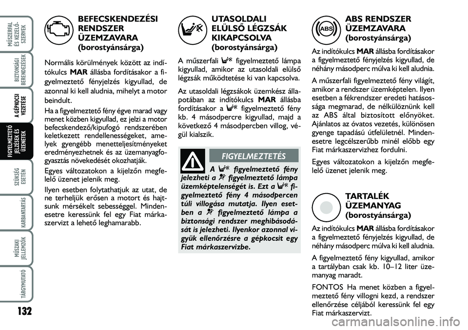 FIAT DUCATO 2008  Kezelési és karbantartási útmutató (in Hungarian) BEFECSKENDEZÉSI
RENDSZER
ÜZEMZAVARA
(borostyánsárga)
Normális körülmények között az indí-
tókulcs MARállásba fordításakor a fi-
gyelmeztetõ fényjelzés kigyullad, de
azonnal ki kell 