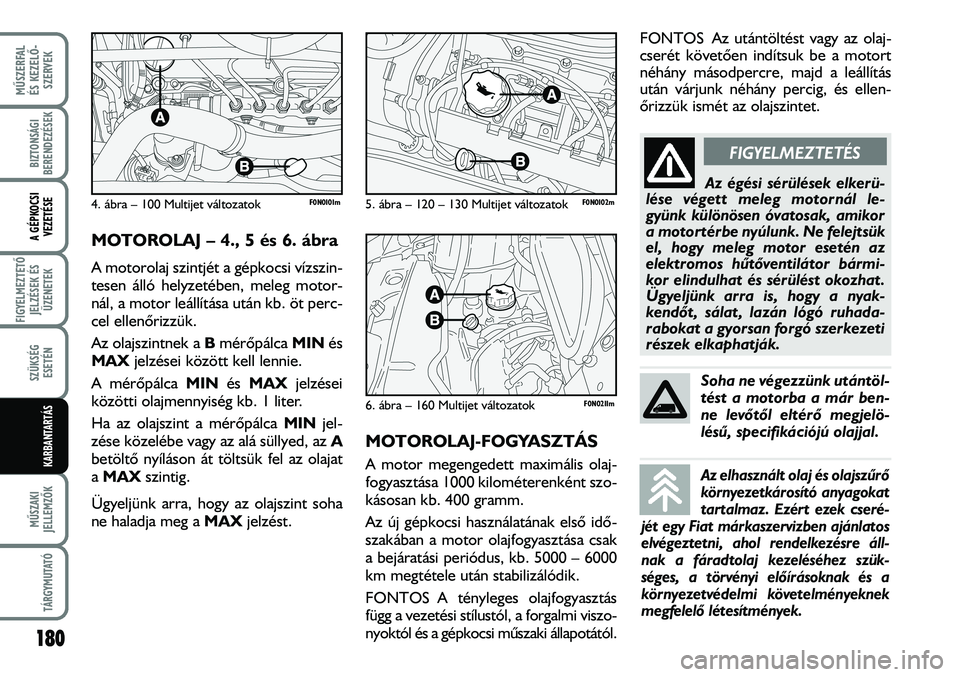 FIAT DUCATO 2006 Kezelési és karbantartási útmutató (in Hungarian) 180
MÛSZERFAL
ÉS KEZELÕ-
SZERVEK
MÛSZAKI
JELLEMZÕK
TÁRGYMUTATÓ
BIZTONSÁGI
BERENDEZÉSEK
A GÉPKOCSI
VEZETÉSE
FIGYELMEZTETÕ
JELZÉSEK ÉS
ÜZENETEK
SZÜKSÉG
ESETÉN
KARBANTARTÁS
MOTOROLAJ FIAT DUCATO 2006 Kezelési és karbantartási útmutató (in Hungarian) 180
MÛSZERFAL
ÉS KEZELÕ-
SZERVEK
MÛSZAKI
JELLEMZÕK
TÁRGYMUTATÓ
BIZTONSÁGI
BERENDEZÉSEK
A GÉPKOCSI
VEZETÉSE
FIGYELMEZTETÕ
JELZÉSEK ÉS
ÜZENETEK
SZÜKSÉG
ESETÉN
KARBANTARTÁS
MOTOROLAJ