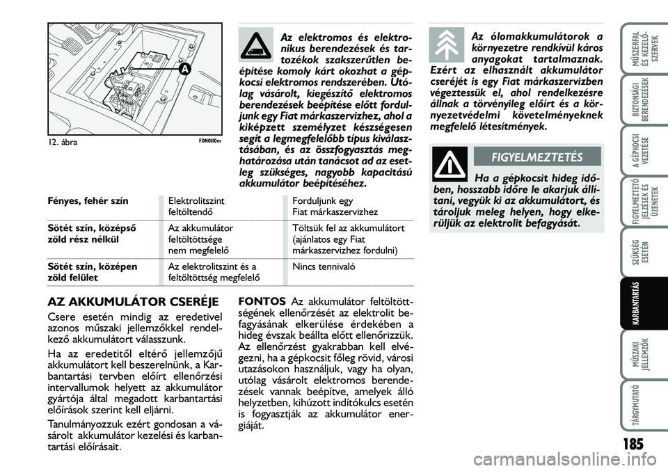 FIAT DUCATO 2006 Kezelési és karbantartási útmutató (in Hungarian) AZ AKKUMULÁTOR CSERÉJE
Csere esetén mindig az eredetivel
azonos mûszaki jellemzõkkel rendel-
kezõ akkumulátort válasszunk.
Ha az eredetitõl eltérõ jellemzõjû
akkumulátort kell beszereln FIAT DUCATO 2006 Kezelési és karbantartási útmutató (in Hungarian) AZ AKKUMULÁTOR CSERÉJE
Csere esetén mindig az eredetivel
azonos mûszaki jellemzõkkel rendel-
kezõ akkumulátort válasszunk.
Ha az eredetitõl eltérõ jellemzõjû
akkumulátort kell beszereln