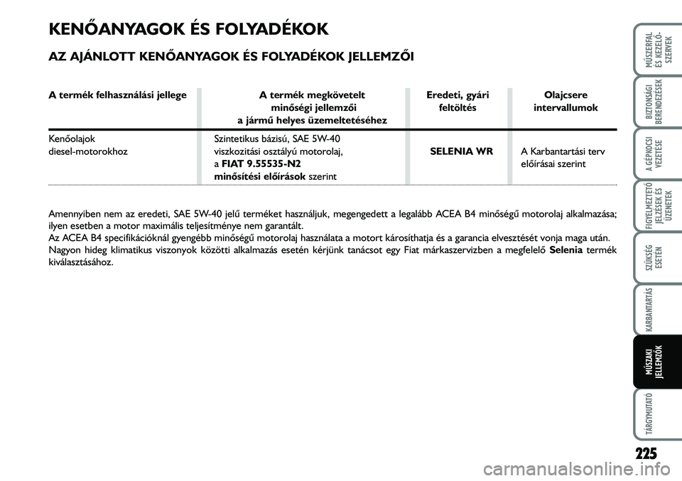 FIAT DUCATO 2008 Kezelési és karbantartási útmutató (in Hungarian) A termék felhasználási jellege A termék megkövetelt Eredeti, gyári Olajcsere
minõségi jellemzõi feltöltés intervallumok
a jármû helyes üzemeltetéséhez
Kenõolajok Szintetikus bázisú, FIAT DUCATO 2008 Kezelési és karbantartási útmutató (in Hungarian) A termék felhasználási jellege A termék megkövetelt Eredeti, gyári Olajcsere
minõségi jellemzõi feltöltés intervallumok
a jármû helyes üzemeltetéséhez
Kenõolajok Szintetikus bázisú,