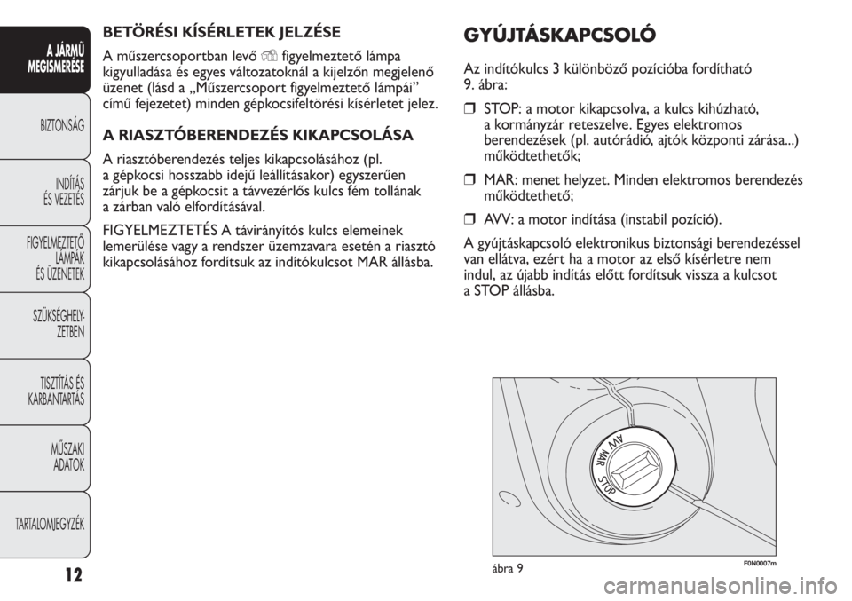 FIAT DUCATO 2009  Kezelési és karbantartási útmutató (in Hungarian) BETÖRÉSI KÍSÉRLETEK JELZÉSE
A műszercsoportban levő 
Yfigyelmeztető lámpa
kigyulladása és egyes változatoknál a kijelzőn megjelenő
üzenet (lásd a „Műszercsoport figyelmeztető lám