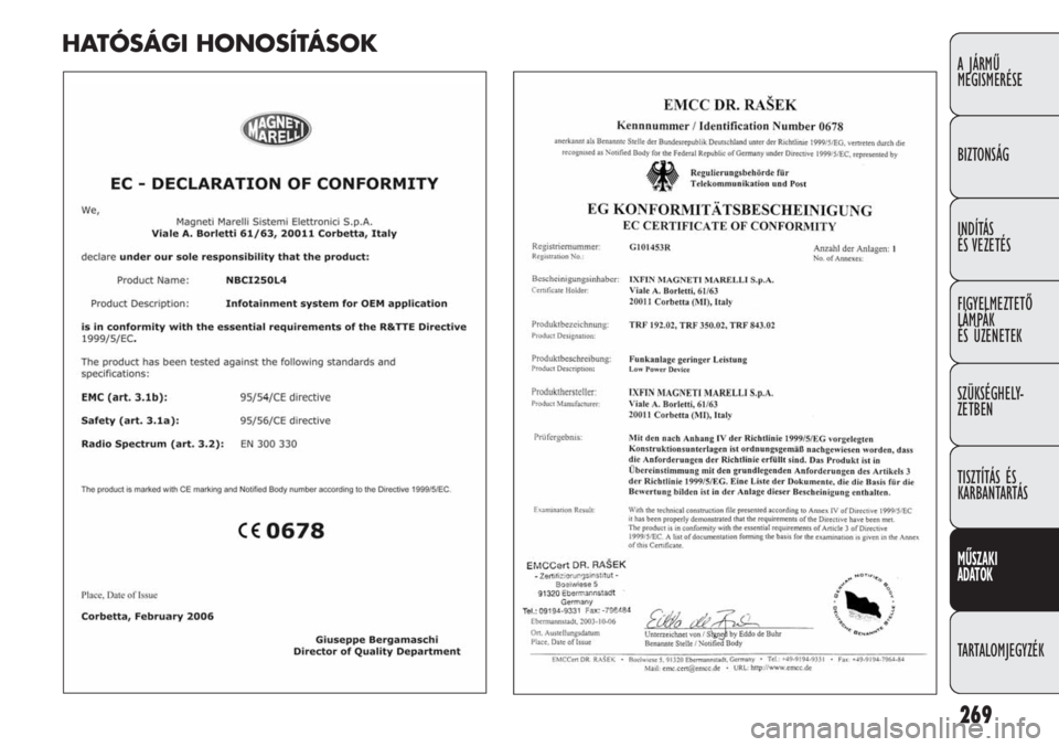 FIAT DUCATO 2010 Kezelési és karbantartási útmutató (in Hungarian) 269
A JÁRMŰ
MEGISMERÉSE
BIZTONSÁG
INDÍTÁS
ÉS VEZETÉS
FIGYELMEZTETŐ
LÁMPÁK
ÉS ÜZENETEK
SZÜKSÉGHELY-
ZETBEN
TISZTÍTÁS ÉS
KARBANTARTÁS
MŰSZAKI
ADATOK
TARTALOMJEGYZÉK
HATÓSÁGI FIAT DUCATO 2010 Kezelési és karbantartási útmutató (in Hungarian) 269
A JÁRMŰ
MEGISMERÉSE
BIZTONSÁG
INDÍTÁS
ÉS VEZETÉS
FIGYELMEZTETŐ
LÁMPÁK
ÉS ÜZENETEK
SZÜKSÉGHELY-
ZETBEN
TISZTÍTÁS ÉS
KARBANTARTÁS
MŰSZAKI
ADATOK
TARTALOMJEGYZÉK
HATÓSÁGI