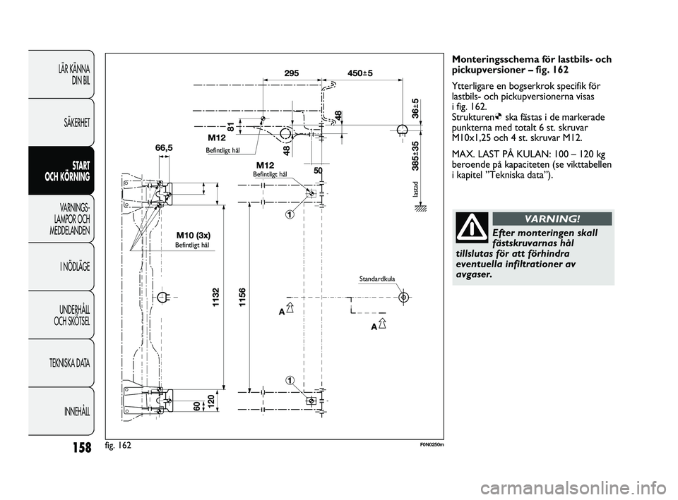 FIAT DUCATO 2010  Drift- och underhållshandbok (in Swedish) 158
LÄR KÄNNA 
DIN BIL
SÄKERHET
START 
OCH KÖRNING
VARNINGS-
LAMPOR OCH 
MEDDELANDEN
I NÖDLÄGE
UNDERHÅLL 
OCH SKÖTSEL
TEKNISKA DATA
INNEHÅLL
Monteringsschema för lastbils- och
pickupversione