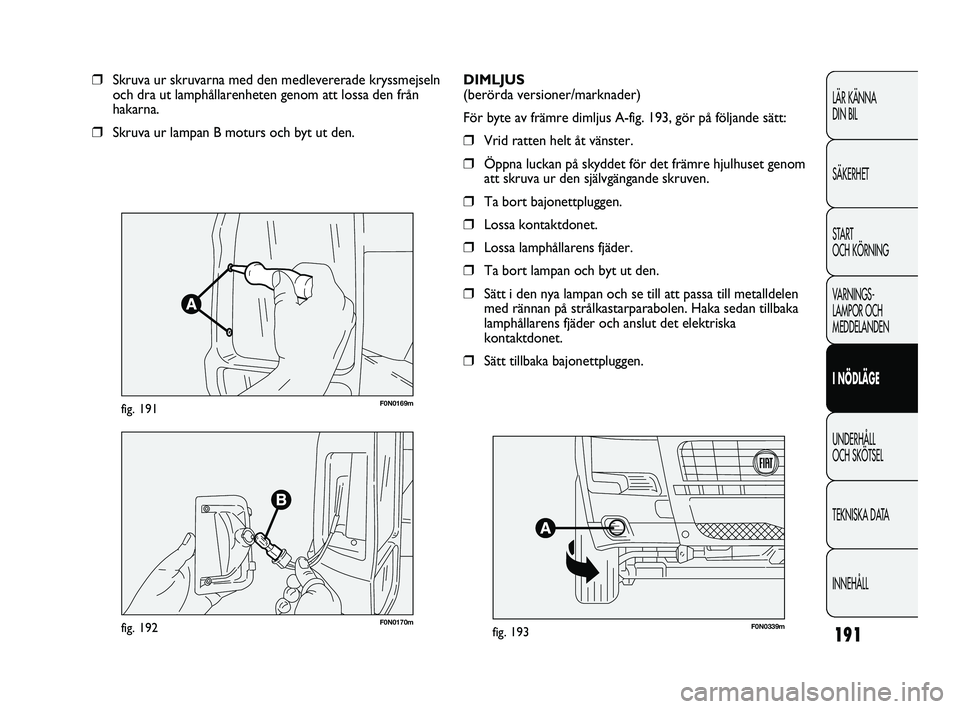 FIAT DUCATO 2010  Drift- och underhållshandbok (in Swedish) 191
LÄR KÄNNA 
DIN BIL
SÄKERHET
START 
OCH KÖRNING
VARNINGS-
LAMPOR OCH 
MEDDELANDEN
I NÖDLÄGE
UNDERHÅLL 
OCH SKÖTSEL
TEKNISKA DATA
INNEHÅLL
F0N0169mfig. 191
❒Skruva ur skruvarna med den me