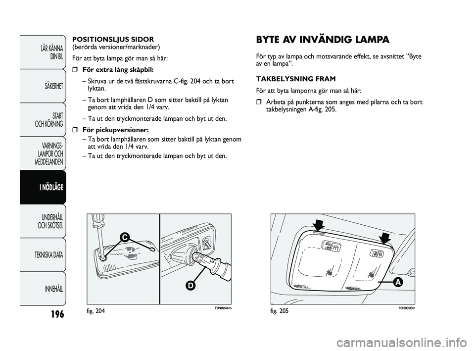 FIAT DUCATO 2010  Drift- och underhållshandbok (in Swedish) F0N0244mfig. 204
BYTE AV INVÄNDIG LAMPA
För typ av lampa och motsvarande effekt, se avsnittet ”Byte 
av en lampa”.
TAKBELYSNING FRAM
För att byta lamporna gör man så här:
❒Arbeta på punkt