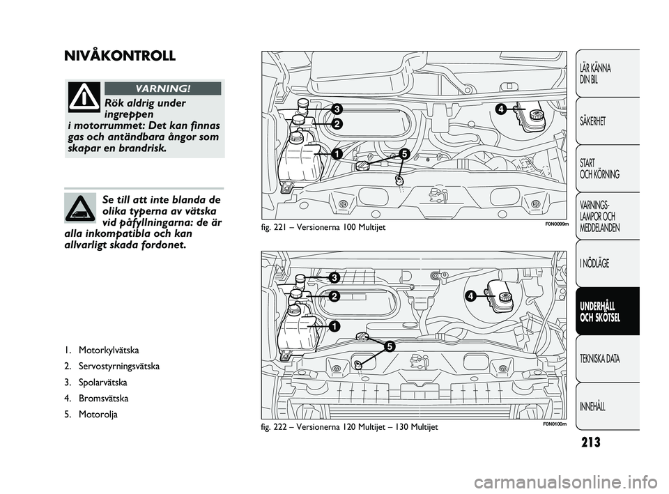 FIAT DUCATO 2010  Drift- och underhållshandbok (in Swedish) 213
NIVÅKONTROLL
LÄR KÄNNA 
DIN BIL
SÄKERHET
START 
OCH KÖRNING
VARNINGS-
LAMPOR OCH 
MEDDELANDEN
I NÖDLÄGE
UNDERHÅLL 
OCH SKÖTSEL
TEKNISKA DATA
INNEHÅLL
fig. 221 – Versionerna 100 Multije