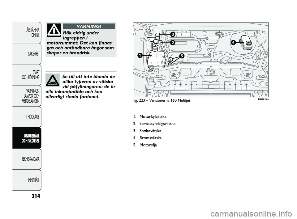 FIAT DUCATO 2010  Drift- och underhållshandbok (in Swedish) 214
LÄR KÄNNA 
DIN BIL
SÄKERHET
START 
OCH KÖRNING
VARNINGS-
LAMPOR OCH 
MEDDELANDEN
I NÖDLÄGE
UNDERHÅLL 
OCH SKÖTSEL
TEKNISKA DATA
INNEHÅLL
Se till att inte blanda de
olika typerna av vätsk