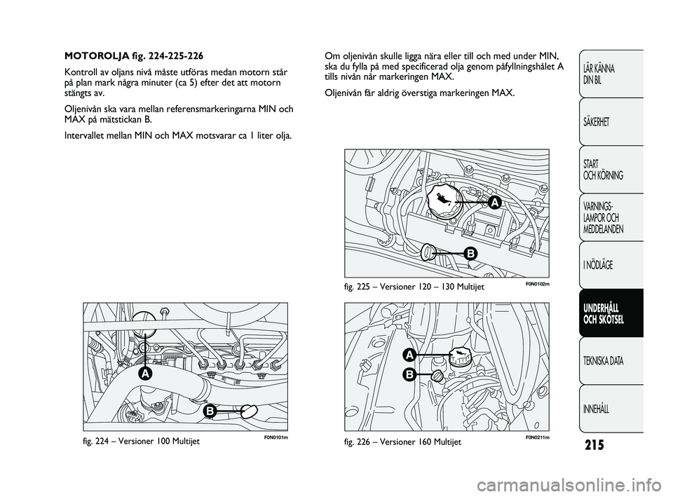 FIAT DUCATO 2010  Drift- och underhållshandbok (in Swedish) 215
F0N0101mfig. 224 – Versioner 100 MultijetF0N0211mfig. 226 – Versioner 160 Multijet
F0N0102mfig. 225 – Versioner 120 – 130 Multijet
Om oljenivån skulle ligga nära eller till och med under
