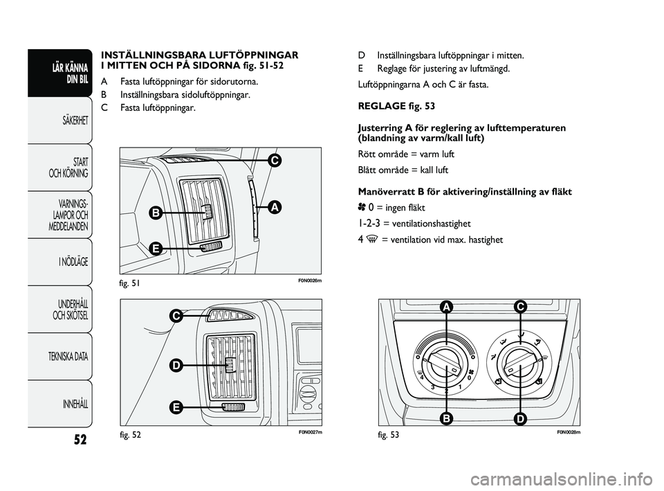 FIAT DUCATO 2010  Drift- och underhållshandbok (in Swedish) F0N0026mfig. 51
F0N0027mfig. 52F0N0028mfig. 53
D Inställningsbara luftöppningar i mitten.
E Reglage för justering av luftmängd.
Luftöppningarna A och C är fasta.
REGLAGE fig. 53
Justerring A fö