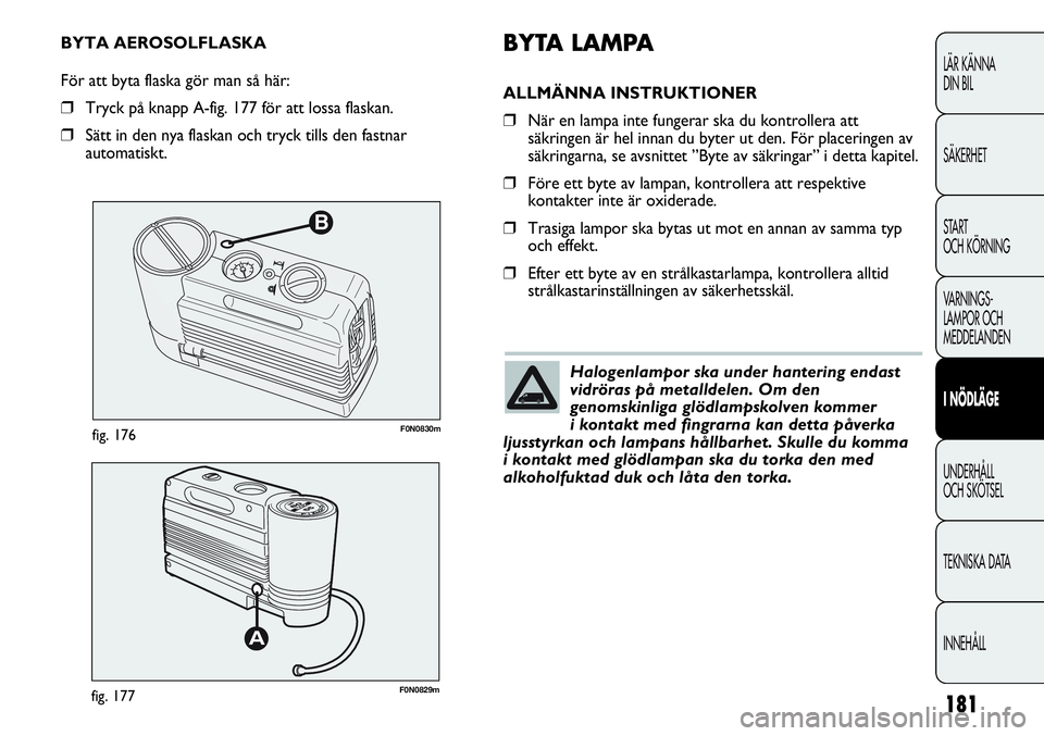 FIAT DUCATO 2012  Drift- och underhållshandbok (in Swedish) 181
B
F0N0830mfig. 176
F0N0829mfig. 177
BYTA LAMPA
ALLMÄNNA INSTRUKTIONER
❒När en lampa inte fungerar ska du kontrollera att
säkringen är hel innan du byter ut den. För placeringen av
säkringa