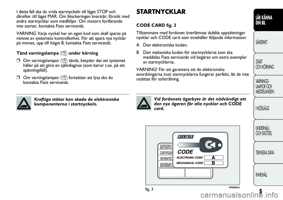 FIAT DUCATO 2012  Drift- och underhållshandbok (in Swedish) 5
LÄR KÄNNA 
DIN BIL
SÄKERHET
START 
OCH KÖRNING
VARNINGS-
LAMPOR OCH 
MEDDELANDEN
I NÖDLÄGE
UNDERHÅLL
OCH SKÖTSEL
TEKNISKA DATA
INNEHÅLL
STARTNYCKLAR
CODE CARD fig. 3
Tillsammans med fordone