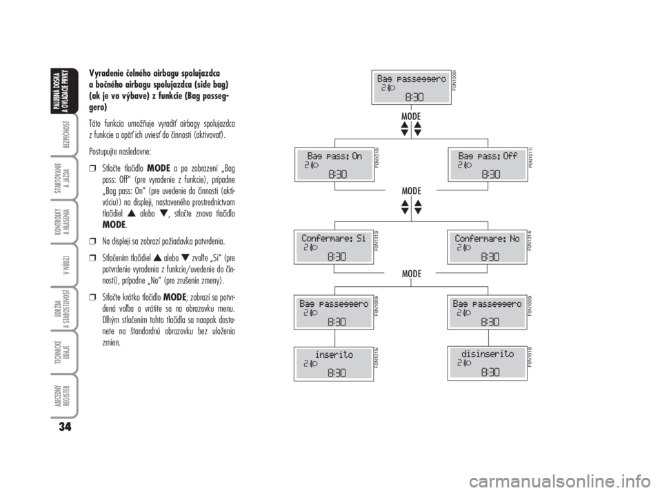 FIAT DUCATO 2006  Návod na použitie a údržbu (in Slovakian) Vyradenie čelného airbagu spolujazdca
a bočného airbagu spolujazdca (side bag)
(ak je vo výbave) z funkcie (Bag passeg-
gero)
Táto funkcia umožňuje vyradi airbagy spolujazdca
z funkcie a opä